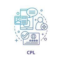 icono de concepto de cpl. programa de fidelización de clientes. costo por ilustración de línea delgada de idea principal. generación líder. crecimiento de la audiencia. tasa de conversión de ventas.dibujo de contorno aislado del vector