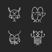 Sad human internal organs characters chalk icons set. Unhappy larynx, thymus, prostate, urinary bladder. Unhealthy urinary, reproductive, respiratory systems. Isolated vector chalkboard illustrations