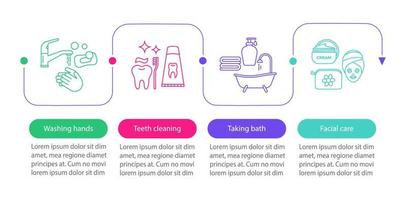 plantilla infográfica vectorial de higiene personal. lavarse las manos, bañarse, limpiarse los dientes. visualización de datos con cuatro pasos y opciones. gráfico de línea de tiempo del proceso. diseño de flujo de trabajo con iconos vector