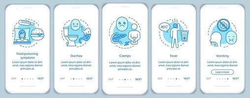 Síntoma de intoxicación alimentaria Incorporación de plantilla de vector de pantalla de página de aplicación móvil. enfermedad transmitida por alimentos. diarrea, calambres, fiebre, vómitos. paso a paso del sitio web. ux, ui, concepto de interfaz de teléfono inteligente gui