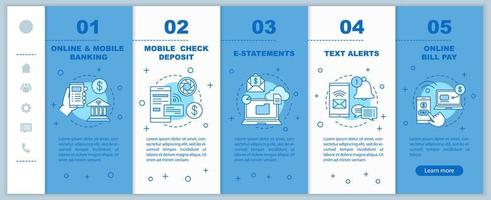 Banking service onboarding mobile web pages vector template. Online payment. Responsive smartphone website interface with linear icons. Financial management. Webpage walkthrough step screens concept