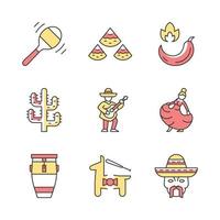 Mexican color icons set. Latin American national music, dance, food, nature, fun, people. Cinco de Mayo festival. Isolated vector illustrations