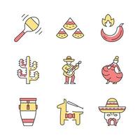 conjunto de iconos de colores mexicanos. musica nacional latinoamericana, baile, comida, naturaleza, diversion, gente. festividad del cinco de mayo. ilustraciones de vectores aislados