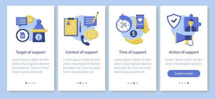plantilla de vector de pantalla de página de aplicación móvil de incorporación de responsabilidad social corporativa. blanco, tiempo, acción de apoyo. instrucciones del sitio web de diseño plano. ux, ui, concepto de dibujos animados de interfaz de teléfono inteligente gui