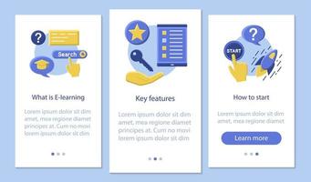 plantilla de vector de pantalla de página de aplicación móvil de aprendizaje electrónico. aprendizaje en línea, cursos. educación electrónica. estudiando en internet. instrucciones del sitio web de diseño plano. ux, ui, concepto de dibujos animados de interfaz de teléfono inteligente gui