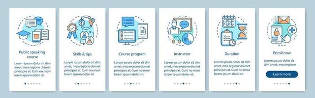 Public speaking skill course onboarding mobile app page screen with linear concepts. Professional speakers school walkthrough steps graphic instructions. UX, UI, GUI vector template with illustrations