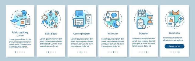 Curso de habilidad para hablar en público incorporando la pantalla de la página de la aplicación móvil con conceptos lineales. instrucciones gráficas de los pasos del tutorial de la escuela de oradores profesionales. ux, ui, plantilla vectorial gui con ilustraciones vector