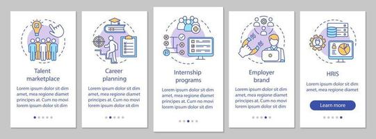 Talent management onboarding mobile app page screen vector template. Internship program, marketplace. HRIS. Walkthrough website steps, linear illustrations. UX, UI, GUI smartphone interface concept