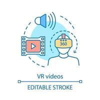 VR videos concept icon. Innovation entertainment. Gaming and 3D cinema. 360 degree video. Virtual reality idea thin line illustration. Vector isolated outline drawing. Editable stroke