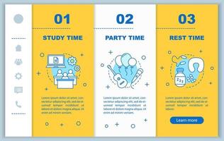 Time management onboarding mobile web pages vector template. Responsive smartphone website interface idea with linear illustrations. Party, rest time webpage walkthrough steps. Daily student schedule