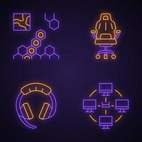 conjunto de iconos de luz de neón de esports. juego de estrategia en tiempo real. Red de área local. dispositivos de juego signos brillantes. Ilustraciones de vectores aislados