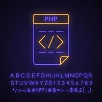 icono de luz de neón del archivo php. archivo de código fuente. preprocesador de hipertexto. signo brillante con alfabeto, números y símbolos. ilustración vectorial aislada vector