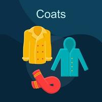 Coats flat concept vector icon. Autumn fashion idea cartoon color illustrations set. Casual style outfit. Fall clothing. Hooded jacket, scarf. Outerwear. Warm clothes. Isolated graphic design element