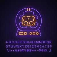 Gaming accessory neon light icon. PC steering wheel. Esports device. Gadget for driving simulation game. Racing. Glowing sign with alphabet, numbers and symbols. Vector isolated illustration