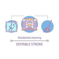 Residential cleaning concept icon. Cleaning services idea thin line illustration. Windows cleanup. House maintenance. Mopping, wiping. Maid service. Vector isolated outline drawing. Editable stroke