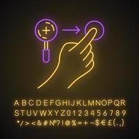 Zoom in horizontal gesture neon light icon. Touchscreen gesturing. Tap, point, click. Using sensory devices. Glowing sign with alphabet, numbers and symbols. Vector isolated illustration