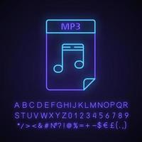 MP3 file neon light icon. Digital audio document. Music file format. Glowing sign with alphabet, numbers and symbols. Vector isolated illustration