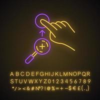 Zoom in vertical gesturing neon light icon. Touchscreen gesture. Tap, point, click. Using sensory devices. Glowing sign with alphabet, numbers and symbols. Vector isolated illustration