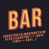 Bar 3d vintage vector lettering. Retro bold font. Pop art stylized text. Old school style letters, numbers, symbols pack. 90s poster, banner, signboard typography design. Black color background