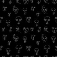 Abstract line art texture with human female faces. Hand drawn vector seamless pattern with portraits in modern style. Black trendy background.