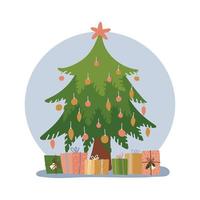 Decorated christmas tree with gift boxes, star, decoration balls and baubles. Merry Christmas and a happy new year isolated concept. Flat style vector illustration.