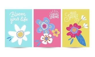 Hello spring seasonal banners set. Artistic drawing posters collection with abstract flowers and plants. Floral decorated line art banners selection. Flat hand drawn vector illustration