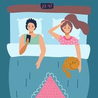 Sleepless man and woman suffers from insomnia. guy using smartphone. People in bed with open eyes in darkness night room. Flat vector illustration.