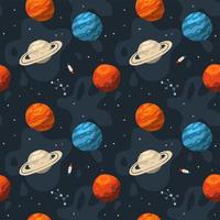 Seamless galaxy pattern with constellations and planets. Cosmic flat vector illustration, hand drawn endless background.