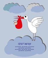 A stork carries a child in the clouds. A postcard about the birth of a child. Illustration. vector