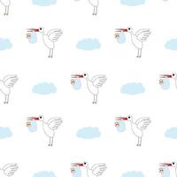 Children's background. Stork with a baby in the clouds. Template. Illustration. vector