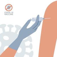 pancarta del proceso de inyección de la vacuna covid-19 con una jeringa en el hombro. la mano del médico con guantes de goma azules hace una inyección contra una enfermedad infecciosa. ilustración vectorial plana vector