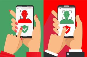 Face recognition and identification, concept. Face ID, face recognition system, mobile app. Male and female hands with Phones with biometric identification of man and woman . Vector illustration