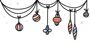 Christmas decoration in doodle sketch line style. Cute baubles garland. Hand drawn vector illustration isolated on white. Black outline with color. New year, winter, home decor.