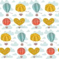 Cartoon flat seamless pattern with hot air balloons, flags and clouds. Cute vector background for kids.