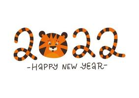 2022 Year of the tiger - happy New year. 2022 - stylized inscription with a tiger head. Vector flat hand drawn illustration