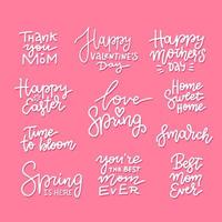 Set of hand drawn lettering about spring holidays - easter, mother s day, 8th march. Linear vector calligraphy.