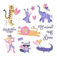 día de san valentín con lindos animales divertidos, corazones, texto. objetos aislados sobre fondo blanco. ilustración vectorial dibujada a mano. diseño plano de estilo escandinavo. concepto para tarjeta, impresión infantil. vector