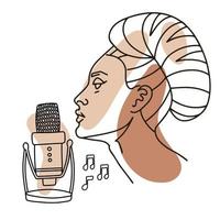 Beautiful woman singing in mic. Professional microphone. Nightlife party club. Pop music, Jazz singer icon or sign or symbol. Music notes - Line art doodle illustration. vector