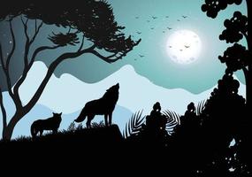 Wolf howling silhouette with large full moon vector