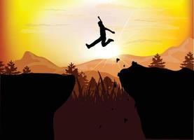 Silhouette of young person jumping over the mountains at sunset vector