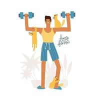 Young man doing wortout at home with naughty pets, man exercising with pets isolated on white. Home training. Stay home funny concept. Flat vector illustration.