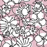 Big cherry flowers. Abstract shapes and lines seamless pattern. Floral background texture. Fabric design in black , pink and white vector