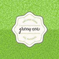 Packaging design for green tea. Lettering inscription on rosette with hand drawn linear pattern background. vector