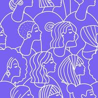 Hand drawn different female faces seamless pattern. Trendy woman face doodle texture with abstract line shapes, minimal girl face. Vector stylized monoline illustration.