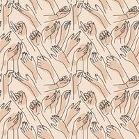 Abstract seamless pattern with linear female hands. Hands up, black on beige background. Outline hand drawn drawing. Vector illustration.
