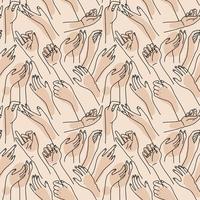 Abstract seamless pattern with linear female hands. Hands up, black on beige background. Outline hand drawn drawing. Vector illustration.