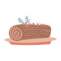 tronco de yule de chocolate de navidad con remolino de crema y decoración de frutos rojos en un plato. elemento aislado a mano alzada. ilustración dibujada a mano plana vectorial. solo 5 colores - fácil de volver a colorear. vector