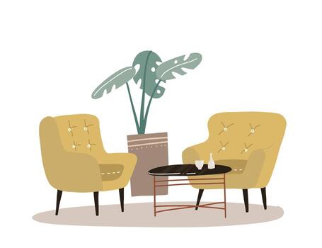 Cozy home interior with house plant palm, coffee table, two comfort yellow armchair. Comfortable home concept in Scandinavian style. Flat hand drawn vector illustration.