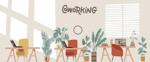 Office with houseplants . Coworking workspace interior design in Scandinavian style. Workers desks with modern chairs. Laptops and potted plants flat vector illustration.