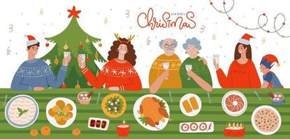 Large family celebrates Christmas or New Year at home. Grandma and grandfather, mom, dad and kid are sitting at the table and having feast dinner. Cozy interior with a Christmas tree. Vector flat card